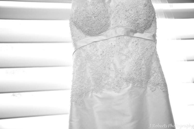 B&W photo of wedding dress lace detail - wedding photography sydney